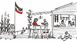Black and white sketch with a couple of red accents of a whare with people on the porch talking, someone in the kitchen doing dishes, harakeke on the left, a flag pole with a tino rangatiratanga flag and pumpkins growing.